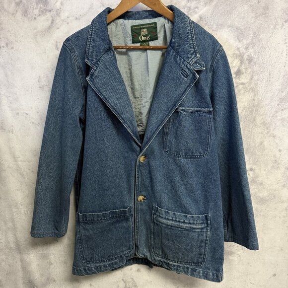 Orvis Denim Blazer Jacket Mens M 21.5x30 Casual Workwear Elbow Patch Cotton Y2K - Picture 1 of 12